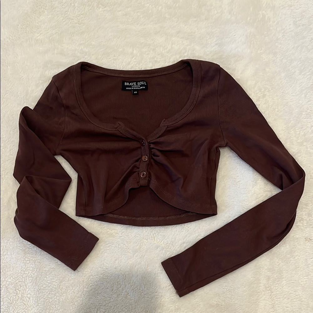 Brave Soul Brown Long Sleeve Tie Front Crop Blouse